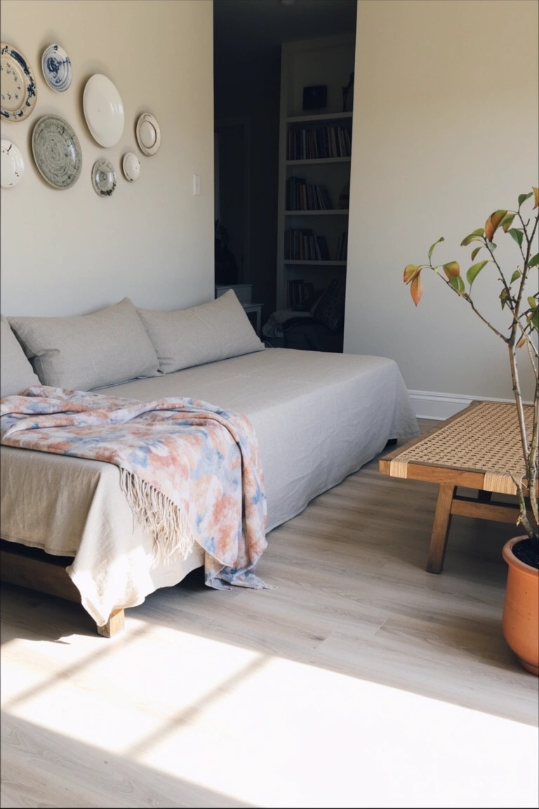 Low platform daybed with gray linens, pink tie-dye throw, blue wall plates, and potted plant in sunny neutral room