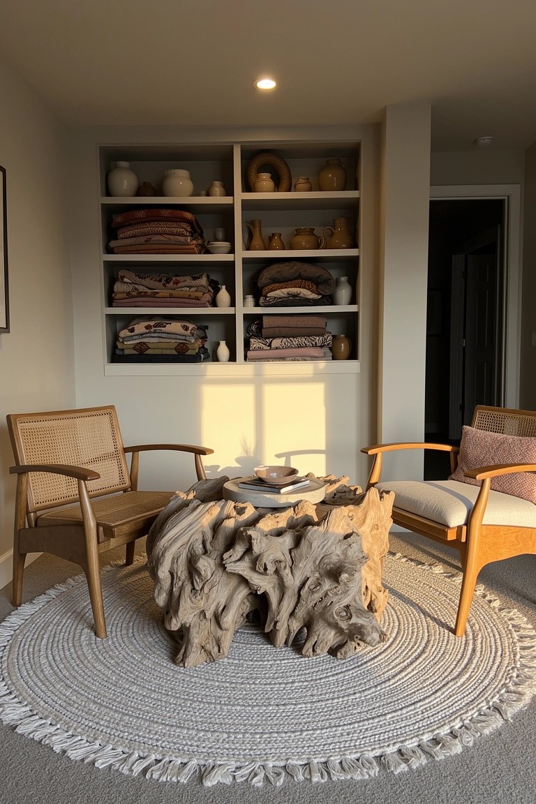 Two rattan armchairs around a large twisted root wood coffee table on a round jute rug in a neutral boho nook with shelves of pottery and textiles
