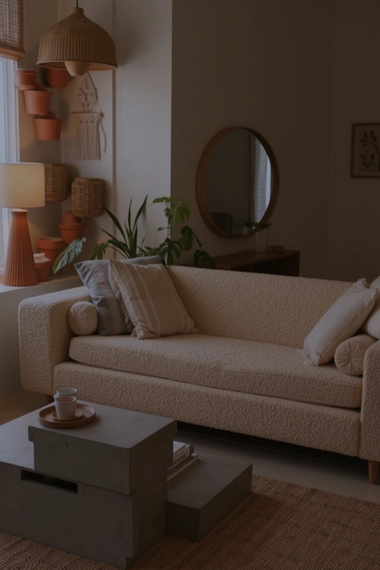 Light beige bouclé sofa in a cozy living room corner with concrete side tables, plants, and warm lamps