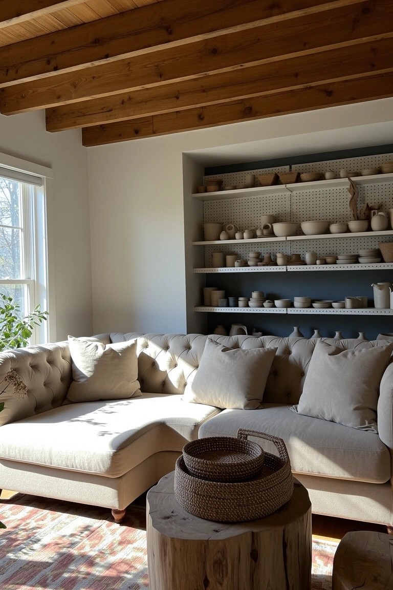 Living room nook with open shelves displaying assorted pottery in neutral tones, cream tufted sofa nearby, exposed wood beam ceiling, and tree stump side table with woven baskets