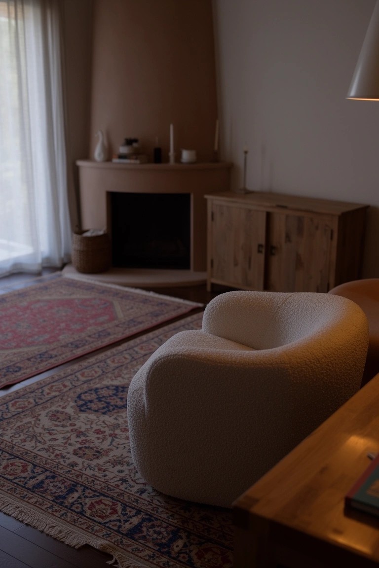 White curved plush armchair on a red and blue Persian rug next to wooden table and cabinet in cozy living room corner