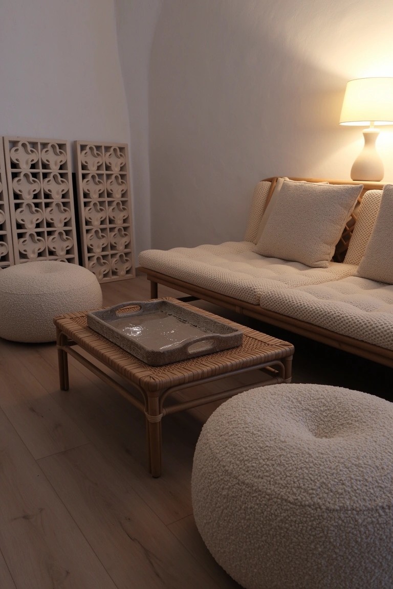 Cozy boho living room corner with low beige tufted daybed, fluffy white poufs, rattan coffee table holding a tray, and white lattice screens on light wood floors