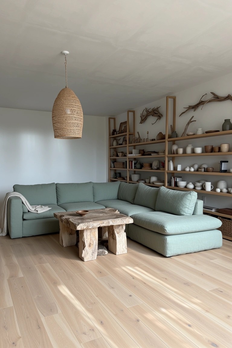 Low slab wood coffee table centered before a plush sage green L-shaped sofa in a light-filled living room with open shelves of ceramics