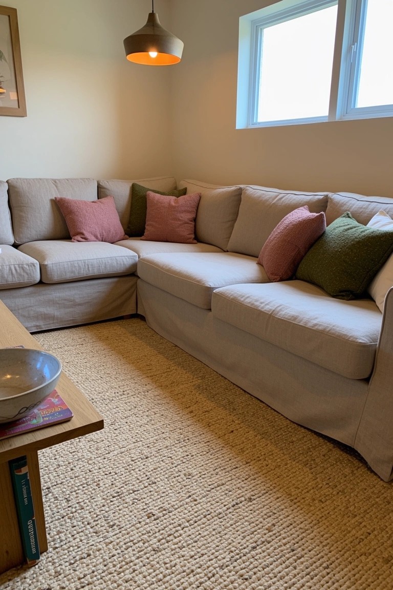 Cream slipcovered L-shaped sofa with mixed pink and green cushions in a light corner room