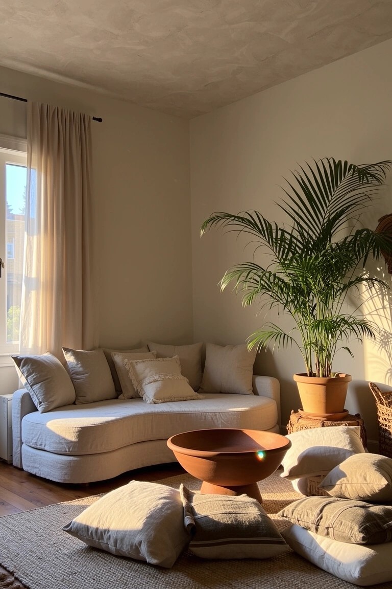 Sunlit boho living room corner with curved beige sofa stacked with neutral pillows, large terracotta bowl on low stools as table, and tall palm plant in matching pot