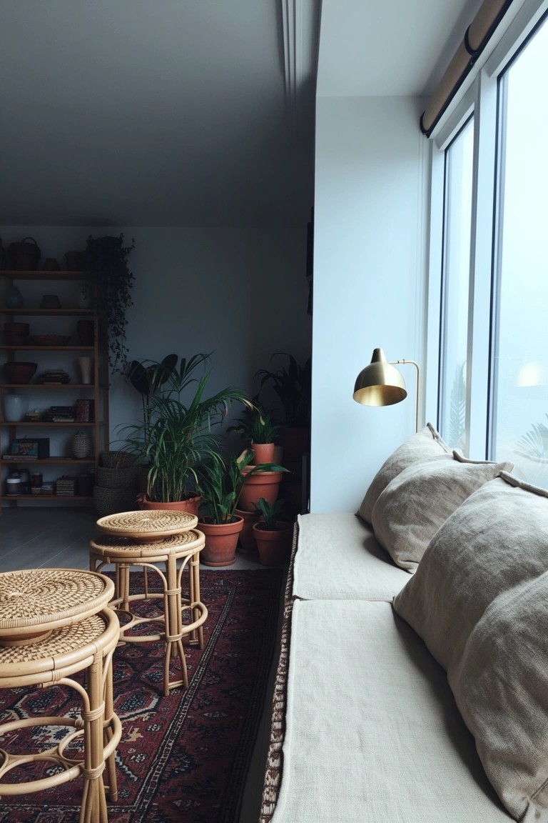 Boho window bench with beige linen cushions, rattan stools, potted plants, and open shelves in a bright living area