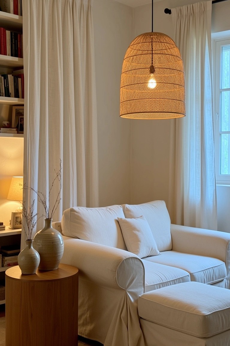 Living room corner with white slipcovered sofa, woven pendant light hanging overhead, round wooden side table holding ceramic vases, and sheer white curtains