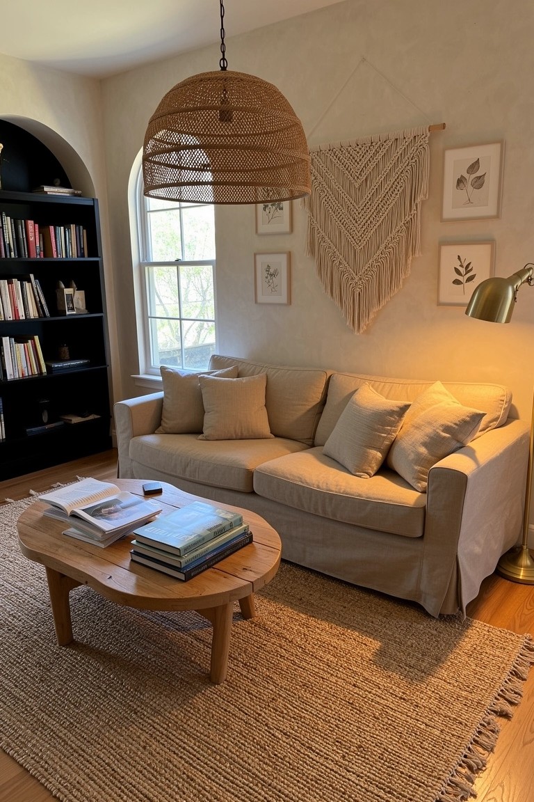 Cozy living room corner featuring a large rattan pendant light over a beige slipcovered sofa, wooden coffee table with stacked books, arched alcove bookshelves, macrame wall hanging, and jute rug in neutral tones