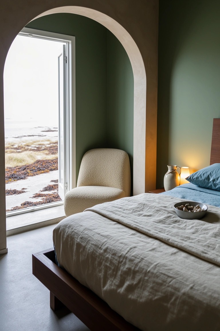 Minimalist bedroom with sage green walls, arched alcove holding a cream chair by open door to beach view, low wood bed with white linens