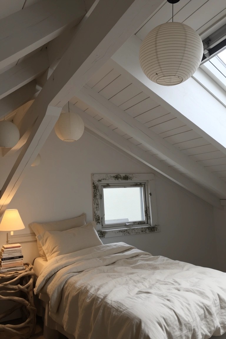 Cozy attic bedroom with white exposed beams on sloped ceiling, hanging paper lanterns, skylight, simple bed, and rattan side table