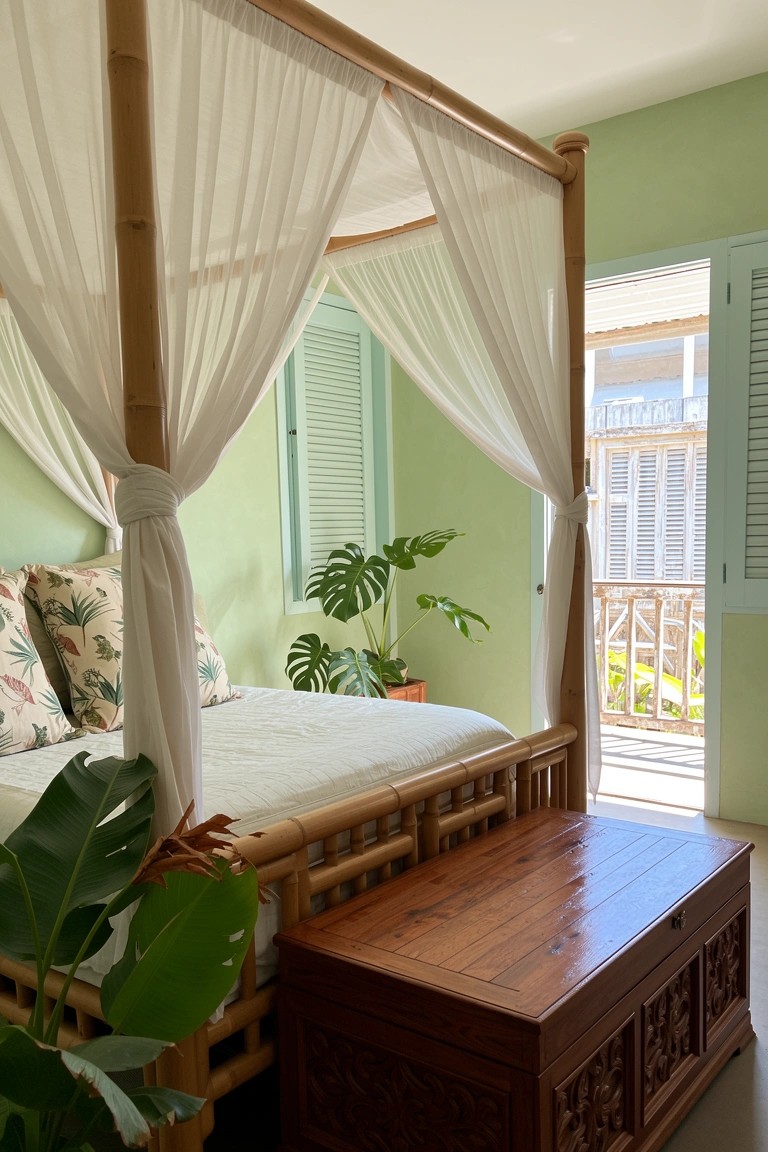 Bamboo four-poster bed with white canopy drapes in a pastel green bedroom next to open shutters and plants