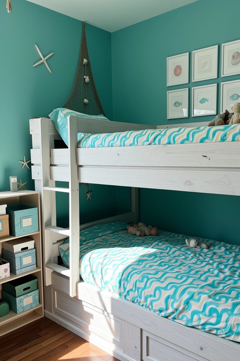 Kids' bunk bedroom with aqua walls, white wooden bunks, wave bedding, storage drawers, and nautical touches like a net canopy