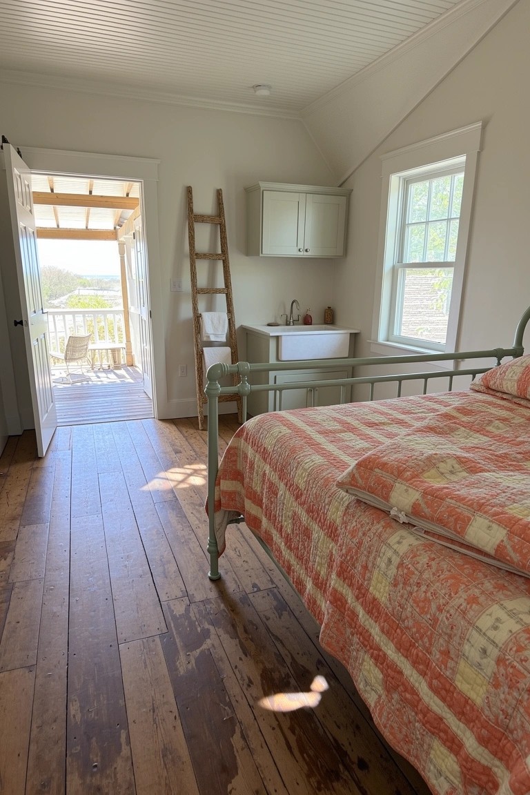 Cozy attic-style bedroom with vintage iron bed, colorful quilt, ladder storage, and wide-open doors to porch with landscape view