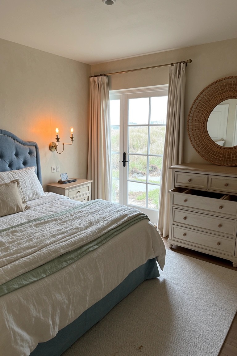 Beachy bedroom with blue tufted headboard on a bed with white linen bedding, wooden dresser, rattan mirror, and French doors to lawn