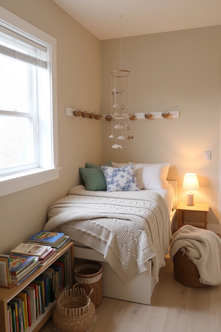 Small cozy bedroom nook with single bed, wooden bookshelves stocked with books, white knit bedding, wicker baskets, and bedside lamp on beige walls