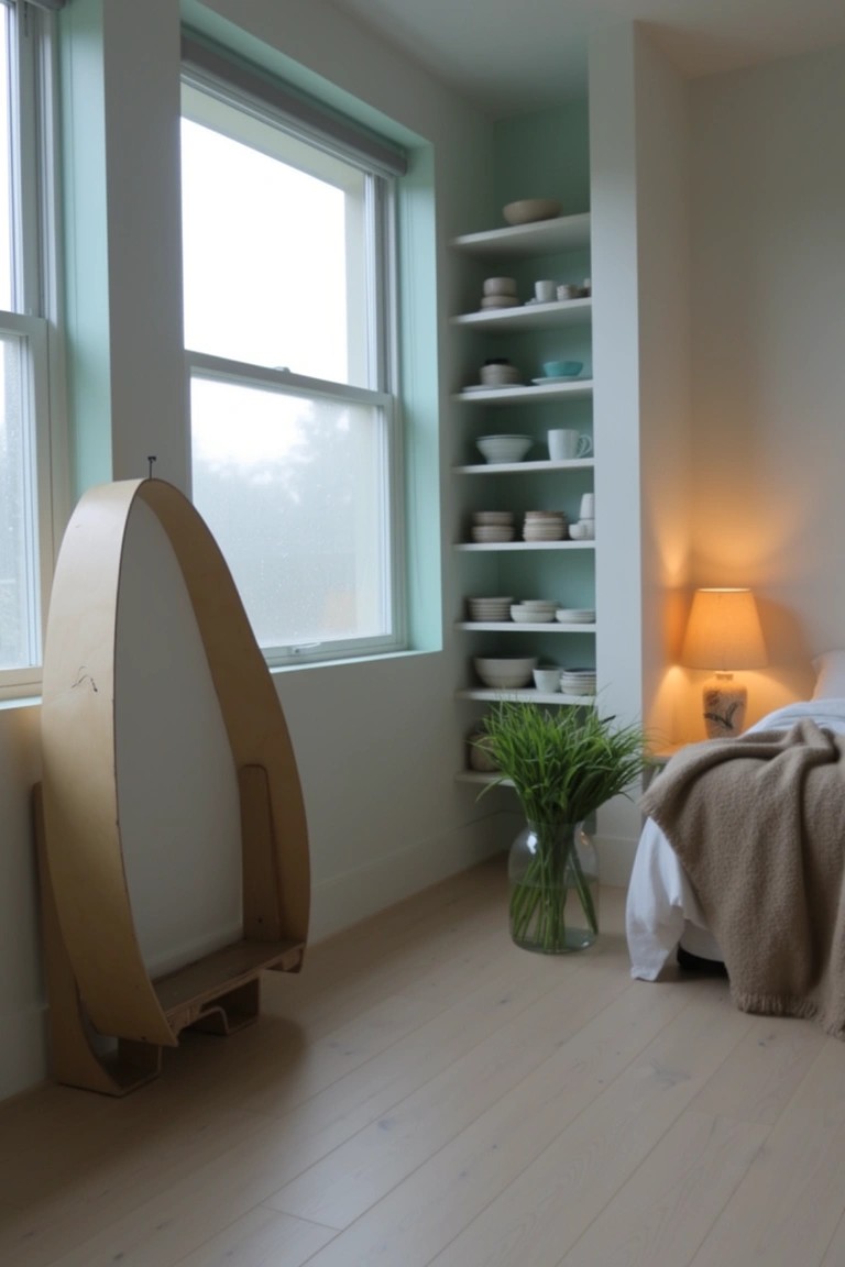 Bedroom with tall curved light wood screen near window, open shelves of white ceramics, and neutral bed