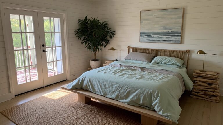 22 Relaxing Beachy Bedroom Ideas For Better Rest And Calm Bright coastal bedroom with white shiplap walls, low wooden platform bed draped in light green duvet and gray sheets, potted palm plant, seascape painting, and French doors to deck