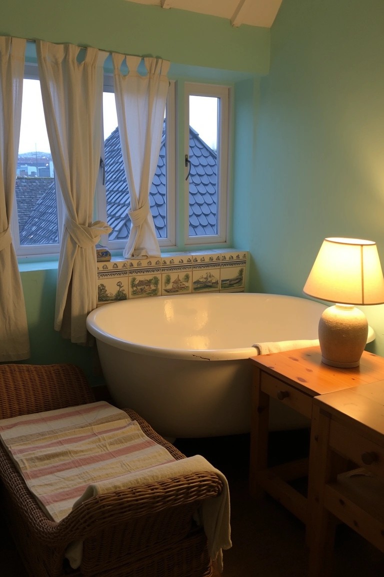 Light green bathroom with large freestanding white tub, wicker chair with striped blanket, wooden side table and lamp near curtained windows