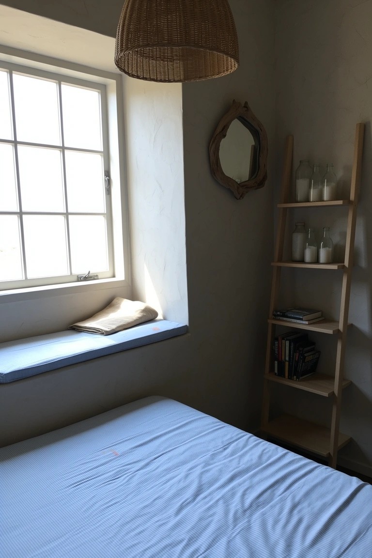 Cozy beachy bedroom corner featuring a wooden ladder shelf stocked with books and glass jars, a cushioned window seat, and a woven pendant light