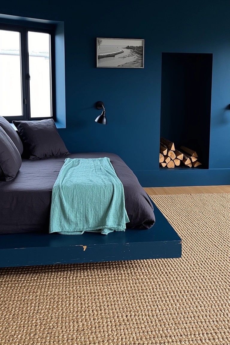 Navy blue bedroom with platform bed, alcove storing firewood, wall lamp, and black-and-white beach photo