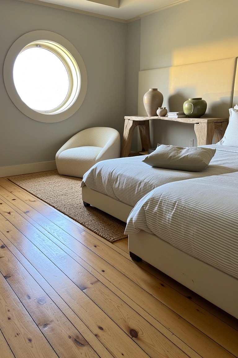 Beachy bedroom with two low white platform twin beds covered in striped sheets, seagrass rug on warm wood floors, and a round porthole window.