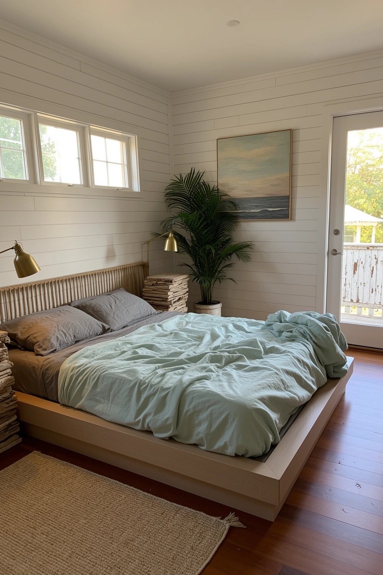 Bright coastal bedroom with white shiplap walls, low wooden platform bed draped in light green duvet and gray sheets, potted palm plant, seascape painting, and French doors to deck