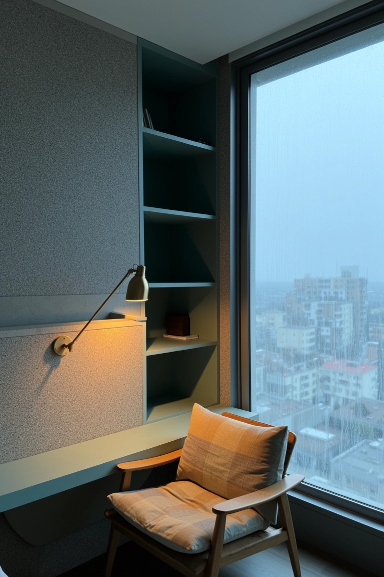 Wooden chair with beige cushion at built-in desk and green shelves with wall lamp beside large window
