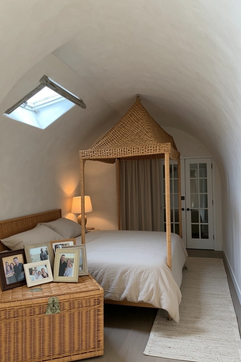 Serene bedroom in curved white walls with peaked rattan canopy bed, woven trunk nightstand, and skylight