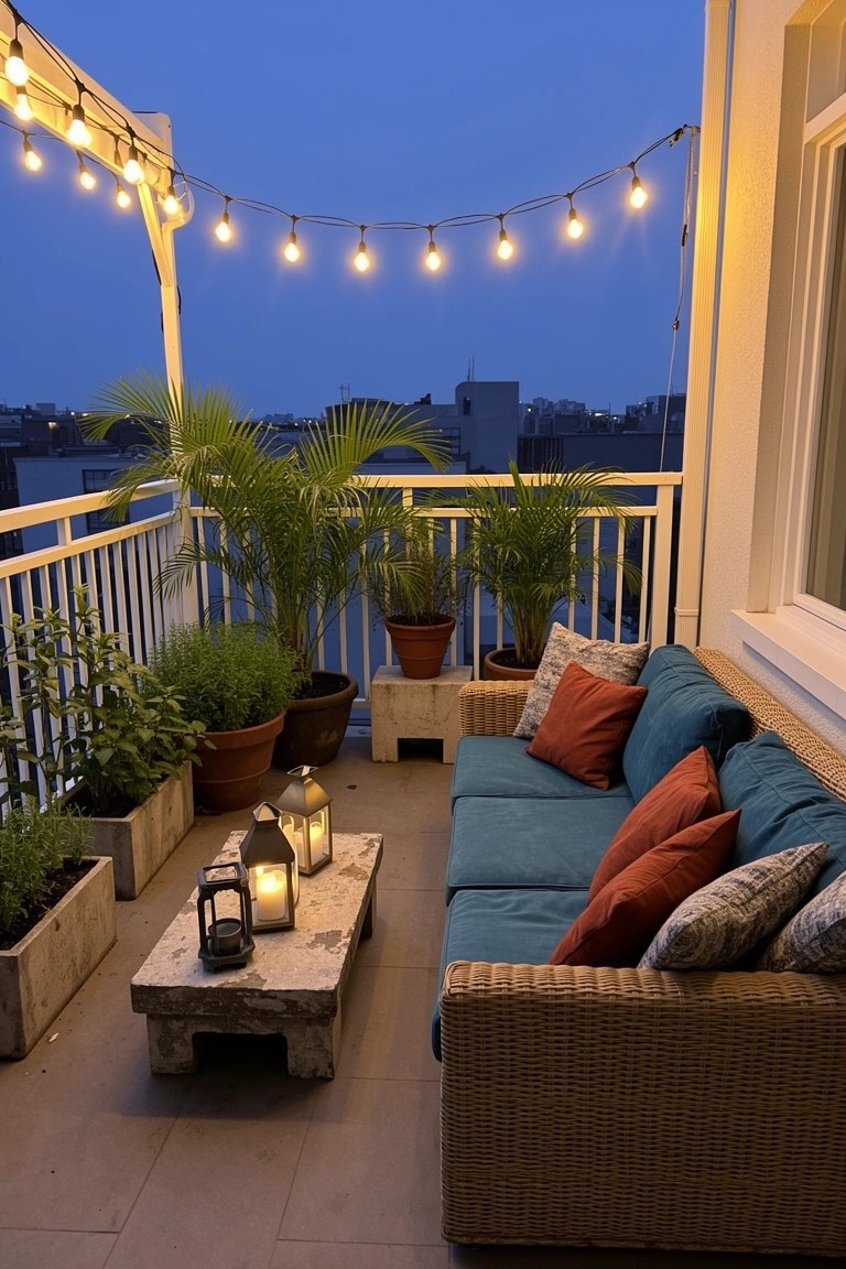 Teal sofa on balcony edged with potted plants and string lights overhead