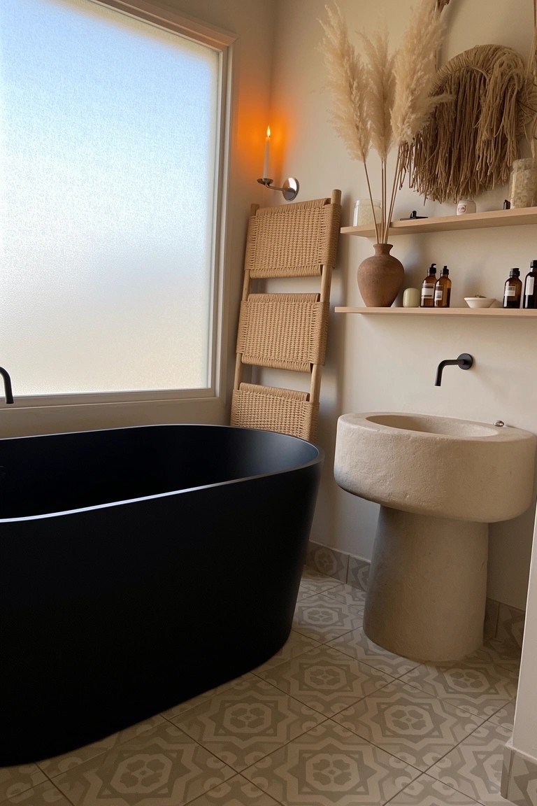 Boho bathroom with black freestanding tub next to rattan ladder and curved sink
