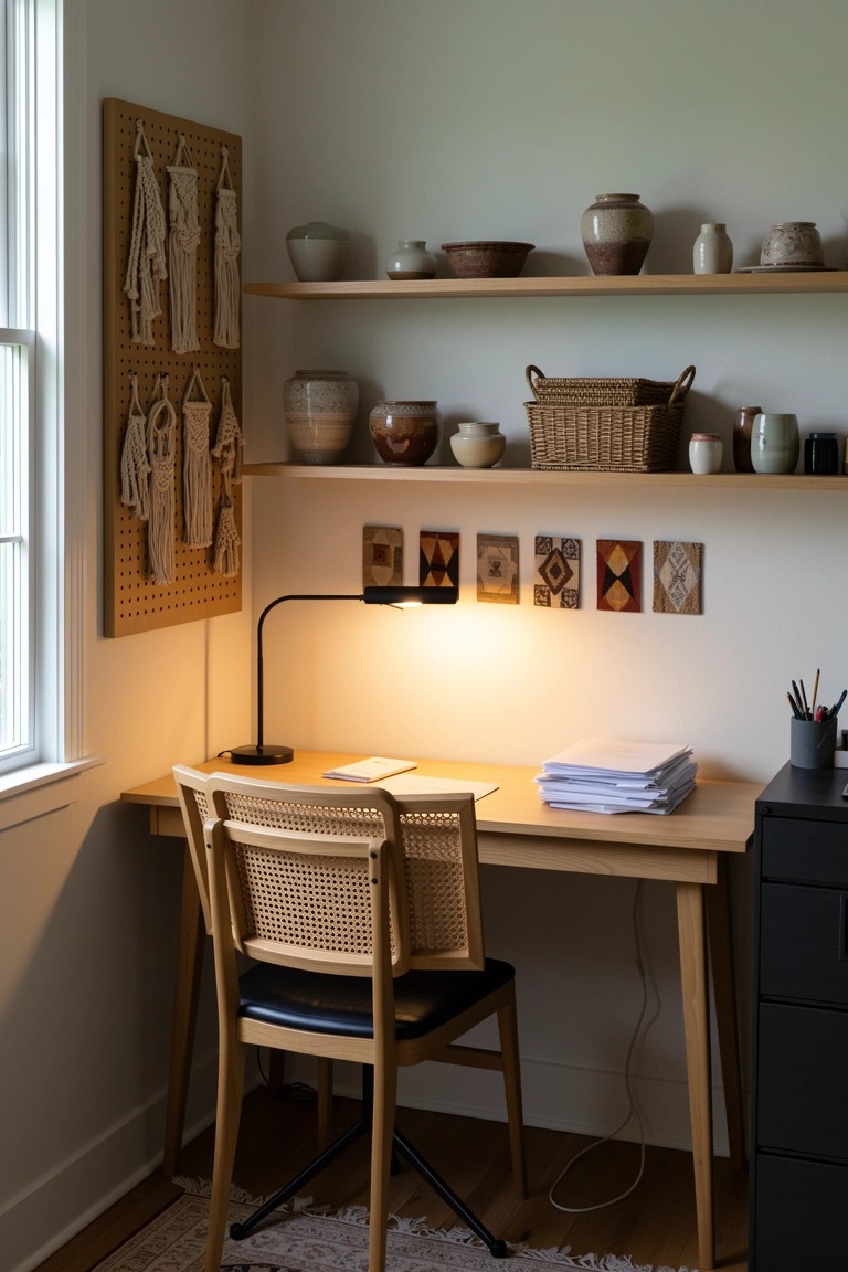 Cozy boho corner workspace featuring wooden desk, rattan chair, pegboard wall with macrame, and pottery on open shelves