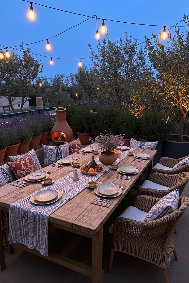 Rustic wooden dining table on a terrace with boho cushions, patterned runner, potted plants, olive trees, and hanging bulb string lights at dusk