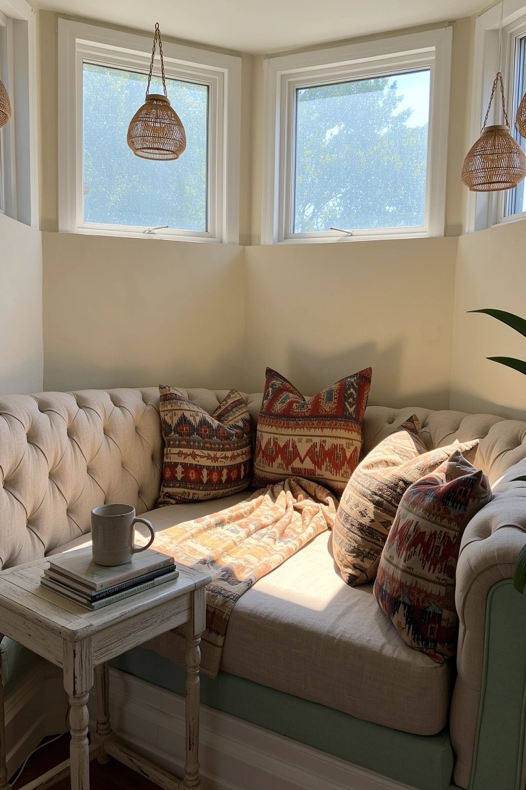 Cozy bay window nook with tufted bench seat, layered boho pillows, small white side table, book, mug, and hanging rattan lanterns