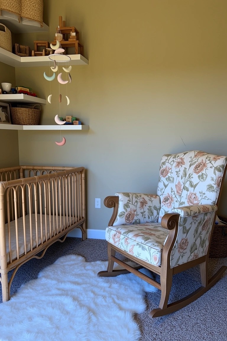Cozy boho nursery with cane crib, floral rocking chair on shag rug, and toy shelves against beige wall
