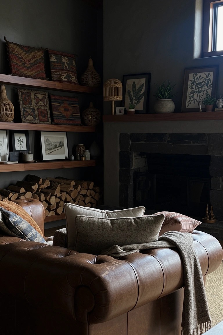 Cozy corner with brown tufted leather armchair and pillows by a fireplace with stacked logs, shelves holding woven baskets and plants against dark walls