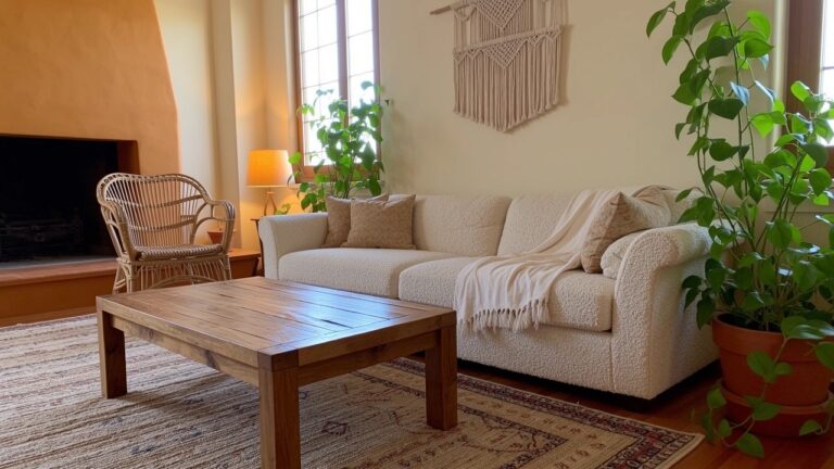 Cozy boho living room corner with beige sofa draped in a throw, low wooden coffee table on a patterned beige rug with red accents, rattan chair with cushion, tall potted plant, macrame wall hanging, lamp, and brick fireplace