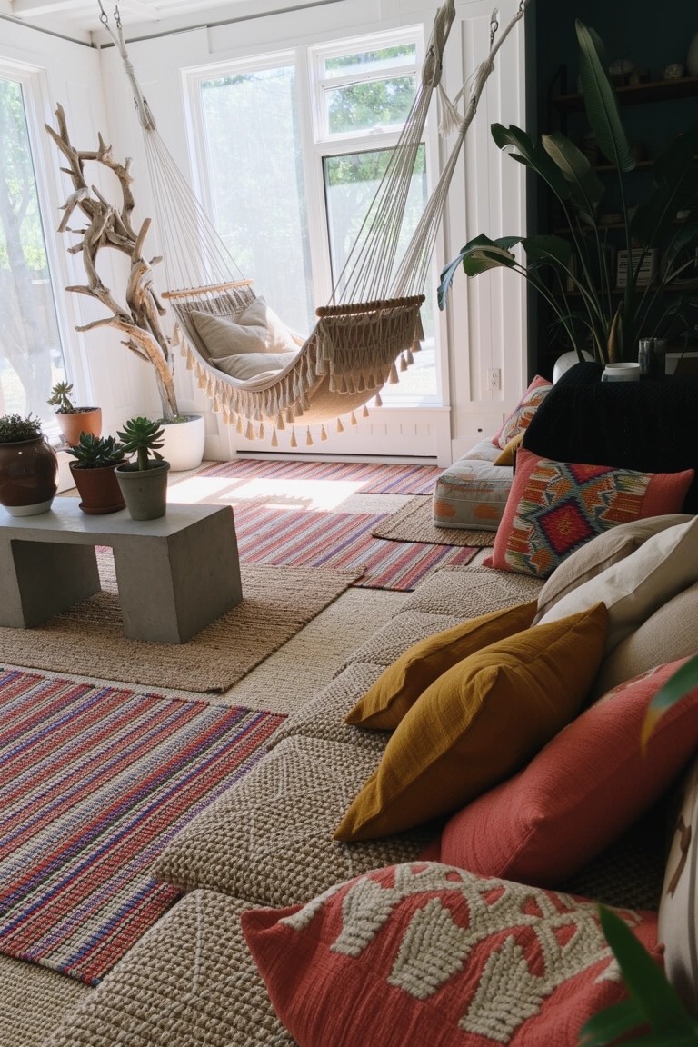 Boho sunroom nook with woven floor cushions, colorful pillows, layered rugs, low concrete table, hanging macrame hammock, and potted plants in natural light