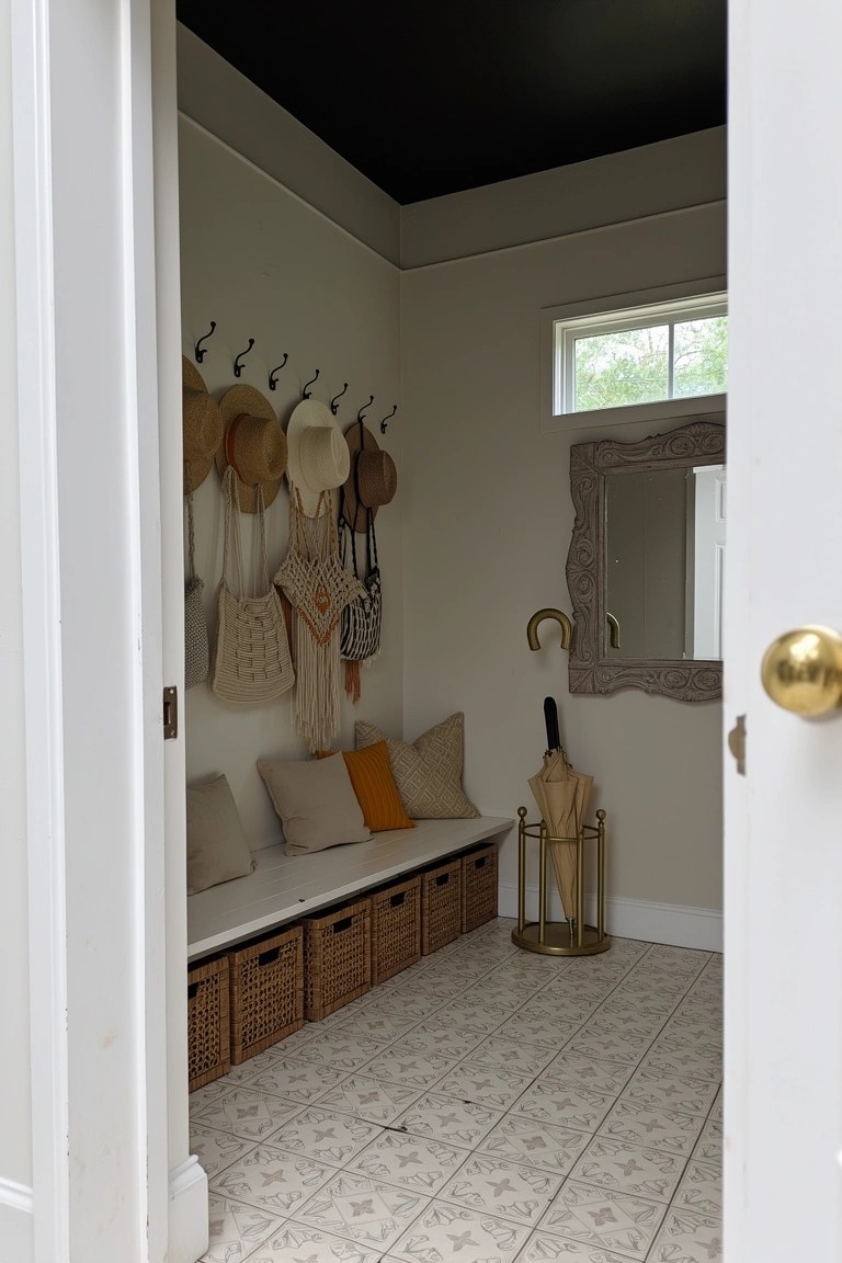 Cozy mudroom with cushioned bench, woven storage baskets, hooks displaying hats and bags, umbrella stand, and arched mirror by the door