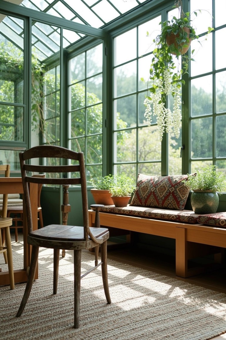 Wooden bench with patterned cushions in a lush, plant-surrounded sunroom