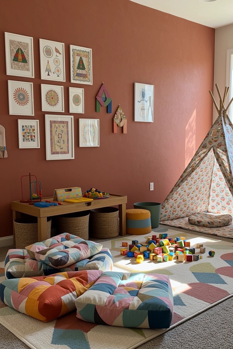 Boho kids playroom nook with terracotta walls, printed teepee tent, colorful floor poufs, woven baskets, wooden toys and geometric art