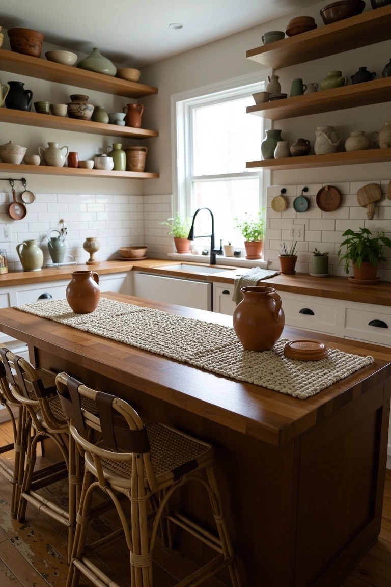 Boho kitchen with open wooden shelves filled with assorted pottery jars, vases, and potted plants, next to a wooden island and rattan stools