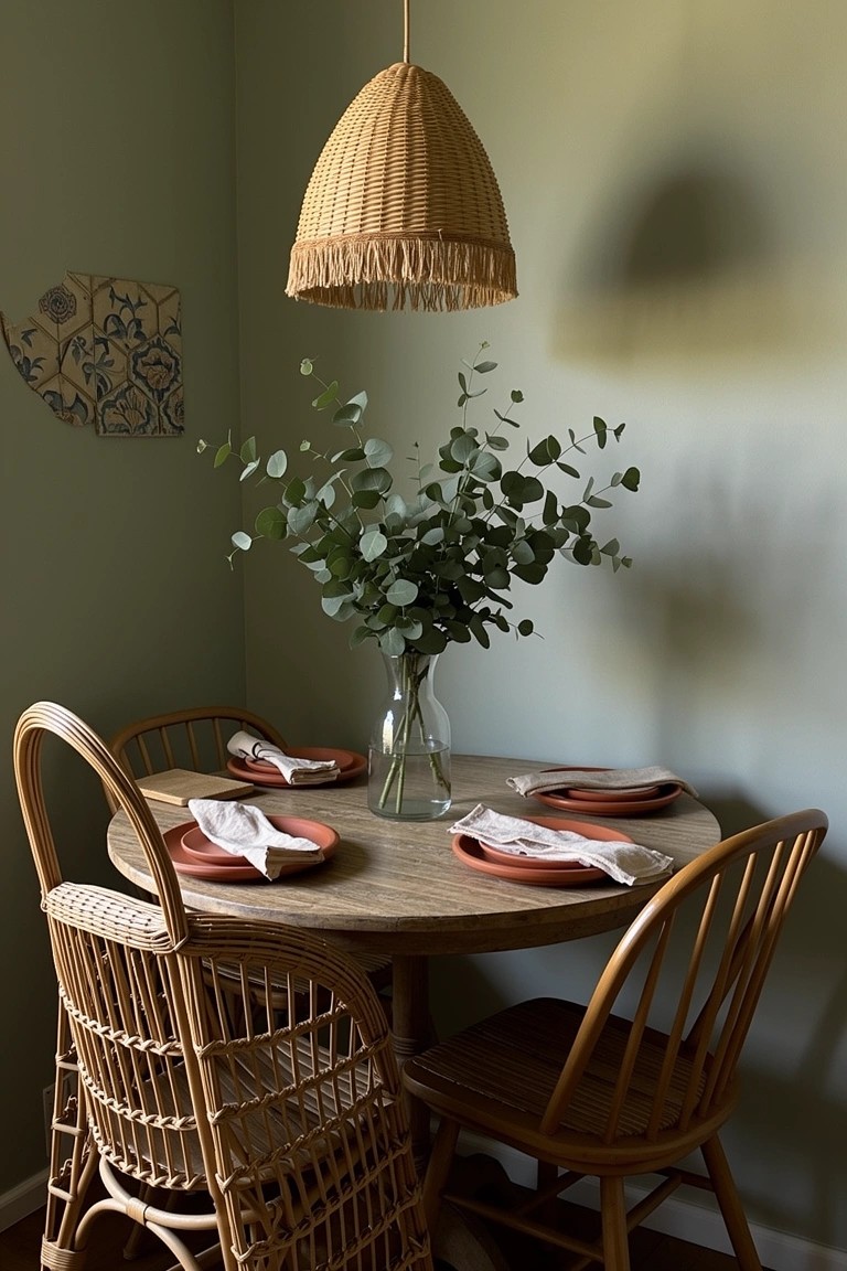 Sage green dining nook with rattan chairs around a wooden table, woven pendant light overhead, and eucalyptus in a glass vase.