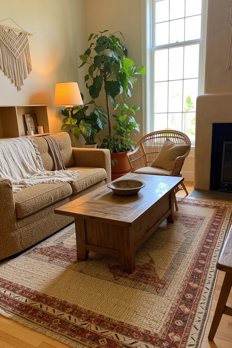 Cozy boho living room corner with beige sofa draped in a throw, low wooden coffee table on a patterned beige rug with red accents, rattan chair with cushion, tall potted plant, macrame wall hanging, lamp, and brick fireplace