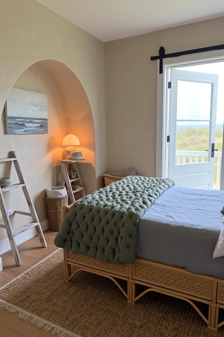 Coastal bedroom with curved wall niche holding ocean painting and lamp, rattan bed topped with green quilted throw, open doors to balcony