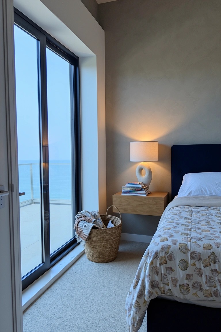 Coastal bedroom with floor-to-ceiling sliding glass doors opening to a balcony overlooking the ocean, neutral gray walls, navy bed, floating shelf nightstand, and woven basket