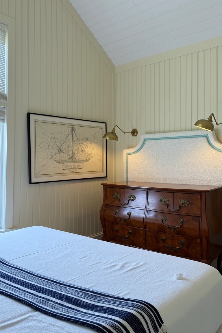 Coastal bedroom corner with curved antique wooden bombe chest beside white bed, nautical chart artwork, brass wall sconces, and beadboard walls