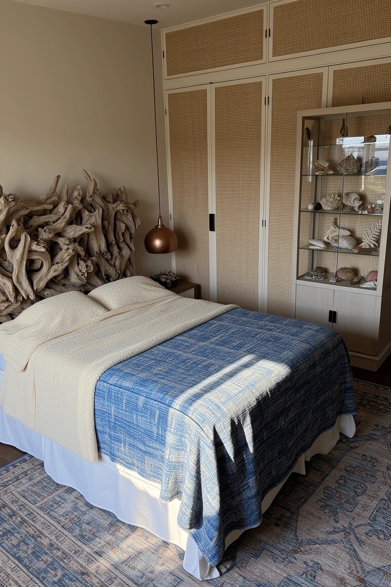 Coastal bedroom with twisted driftwood headboard over a bed dressed in white sheets and blue plaid blanket, flanked by rattan cabinets displaying shells