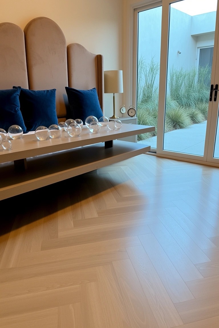 Coastal bedroom featuring light herringbone parquet floors, curved beige upholstered headboard with blue pillows, low floating table holding clear glass orbs, and sliding glass doors to outdoor grasses