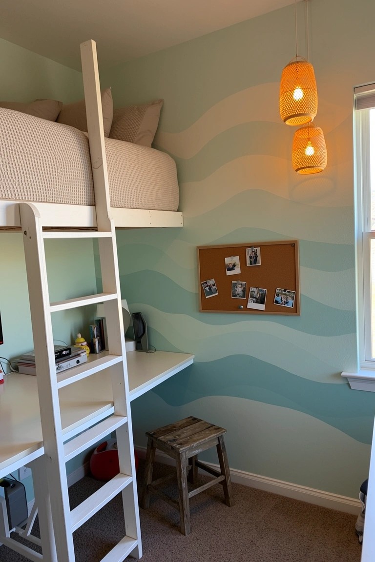 Cozy coastal loft bedroom with white ladder bed over a desk, teal wavy walls, and wooden stool