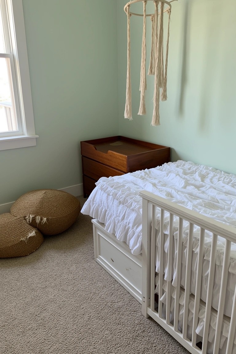 Pale mint green nursery walls with white ruffled spindle crib, low wooden dresser, seagrass poufs, and macrame hanging decor